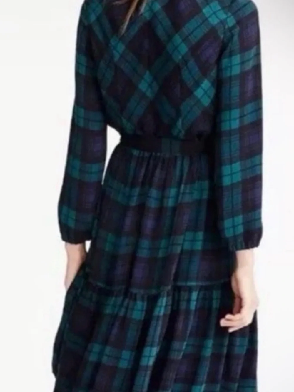 NWOT J. Crew Long Sleeve Tartan Blue Green Plaid Drapey Pleated Dress Size 6